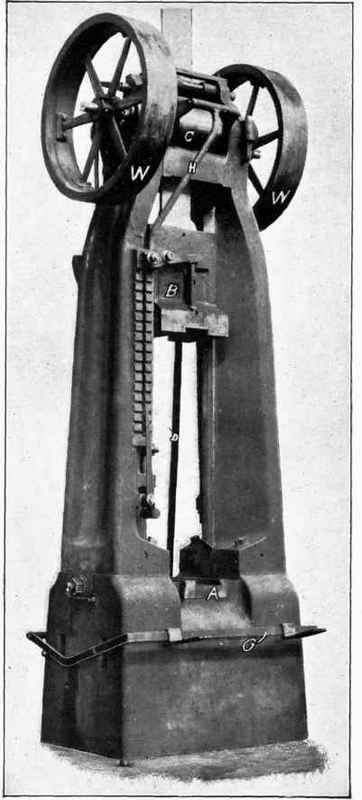 A late 19th century board drop hammer with the hammer (B) in the 'up' position r...