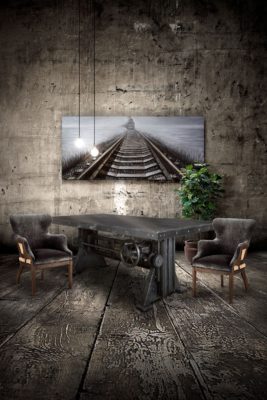 Industrial Dining Table - Adjustable Height Crank - Cast Iron Base - Ebony Top