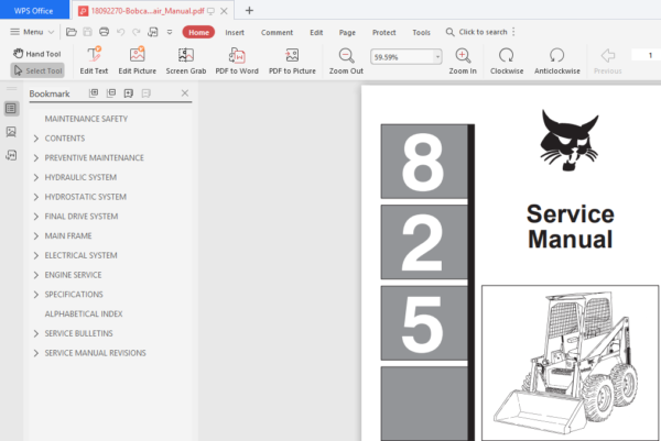Bobcat 825 Skid Steer Loader Service Repair Manual - PDF Download