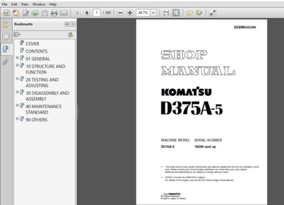 KOMATSU D375A-5 SERVICE REPAIR MANUAL (SN:18200 & UP) – PDF DOWNLOAD