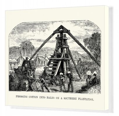 Box Canvas Print. Men pressing cotton into bales on a southern