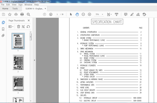 DAEWOO DOOSAN SOLAR 180W V EXCAVATOR ENGINE SPECSHEET MANUAL - PDF DOWNLOAD