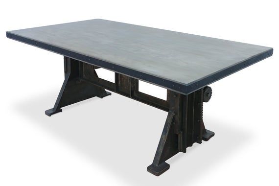 Industrial Dining Table Adjustable Height - Crank Cast Iron Base - Grey