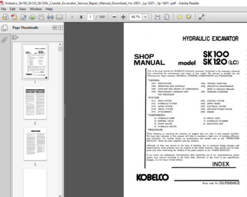 Kobelco Sk100 Sk120 Sk120lc Crawler Excavator Service Repair Manual Download